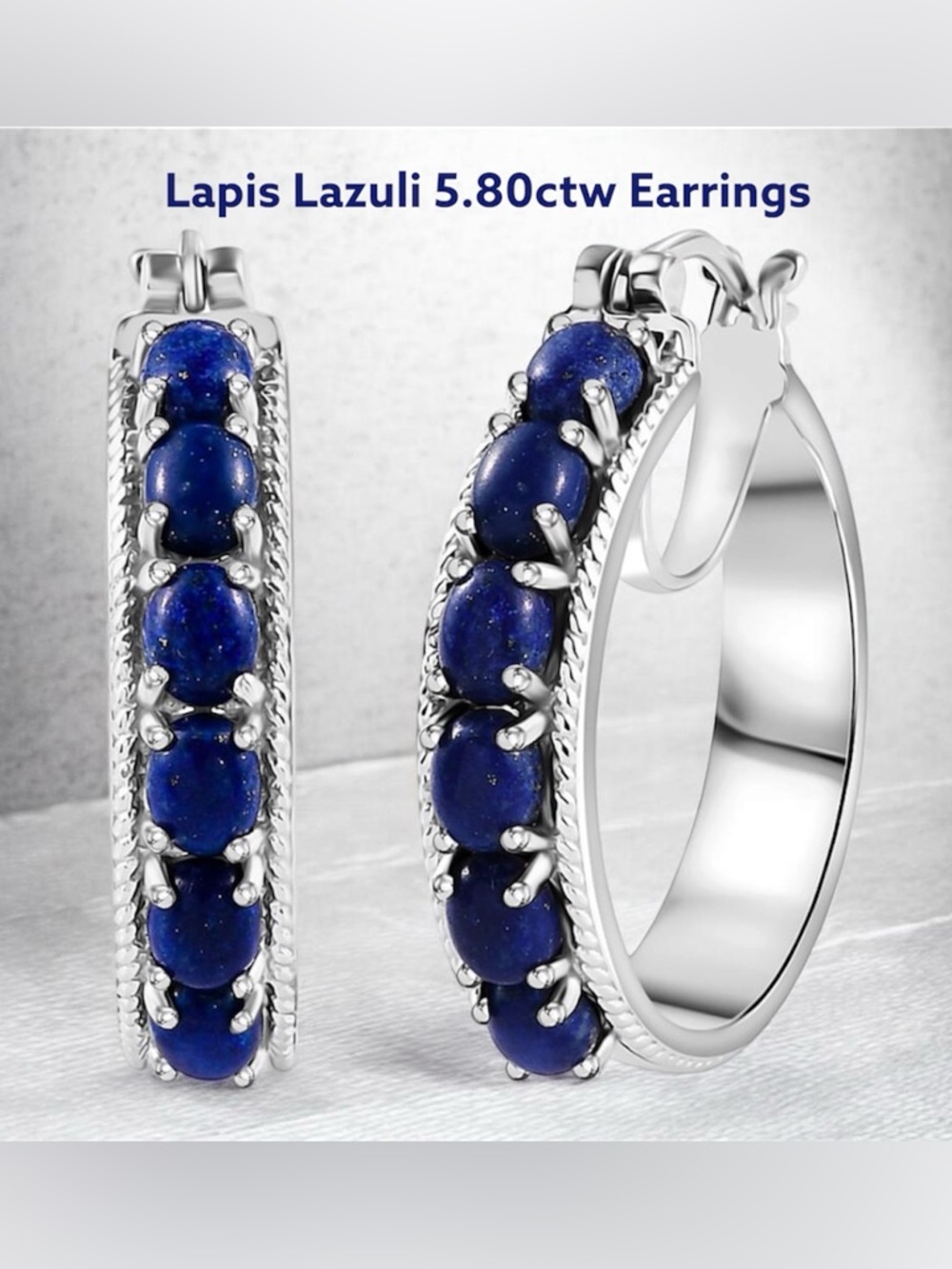🌟 NEW 🌟 Lapis Lazuli 5.80 ctw Silver Hoop Earrings in Platinum Bond